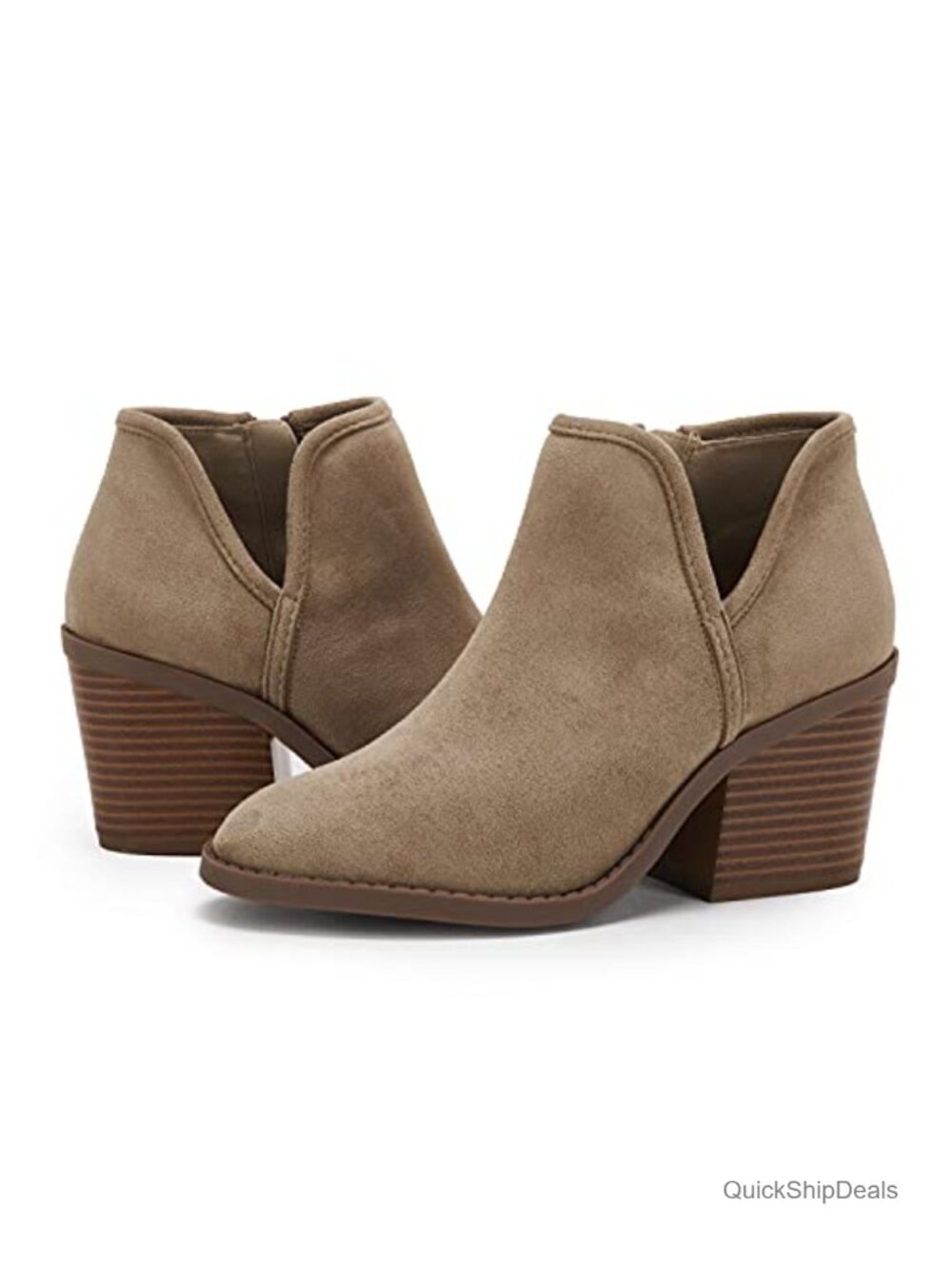 Womens Ankle Boots Chunky Stacked Heel Slip On Faux Suede Side Zipper Booties
